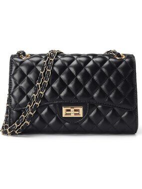 Women Black Quilted Leather Satchel Chain Strap Crossbody Shoulder Bag